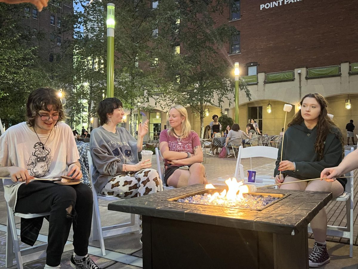Two SGA members gathered around a fire pit with other students in Village Park.