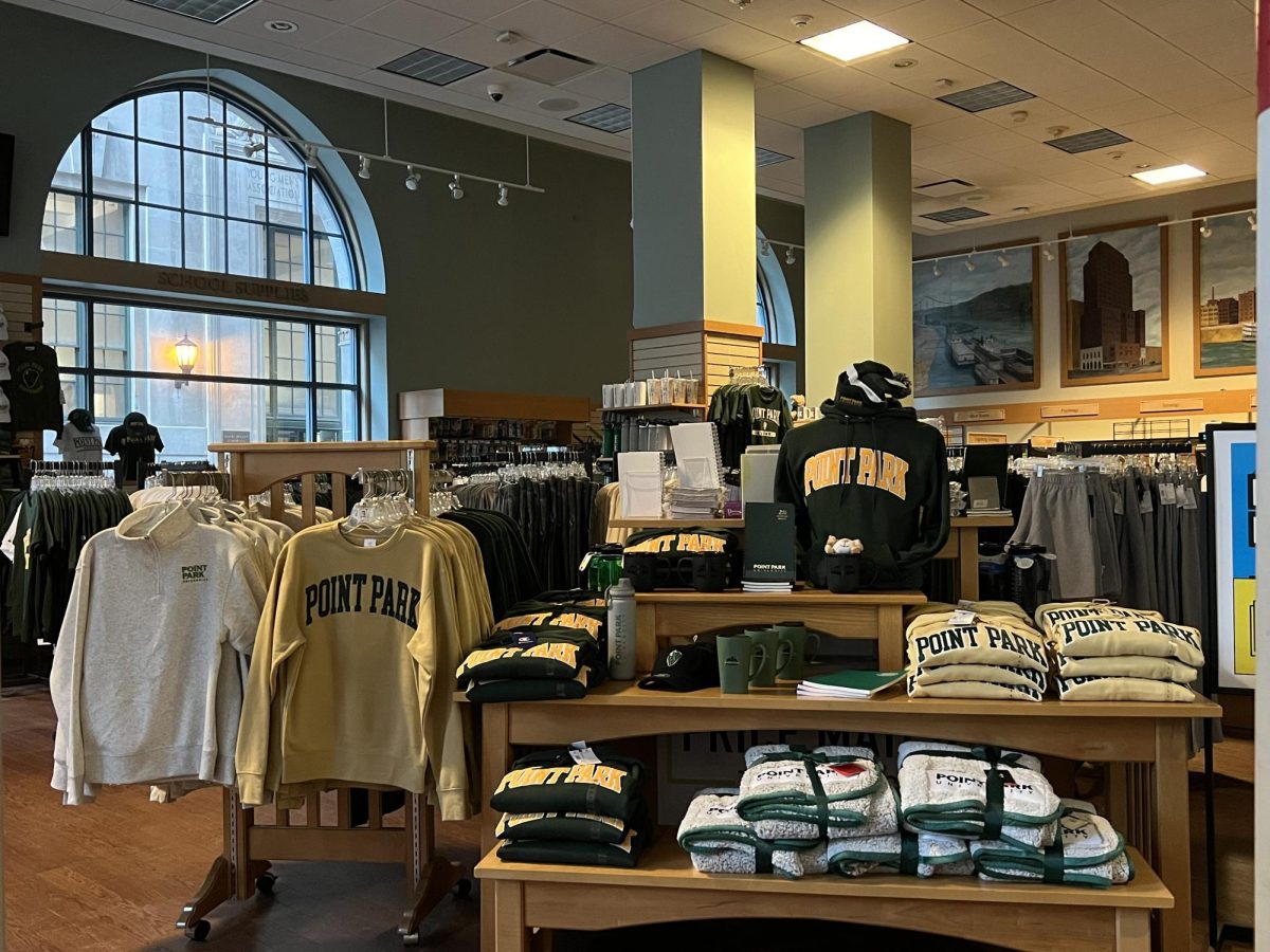 An assortment of merchandise displayed last Spring. The Bison Book Bundle is to make more merchandise available in the store.