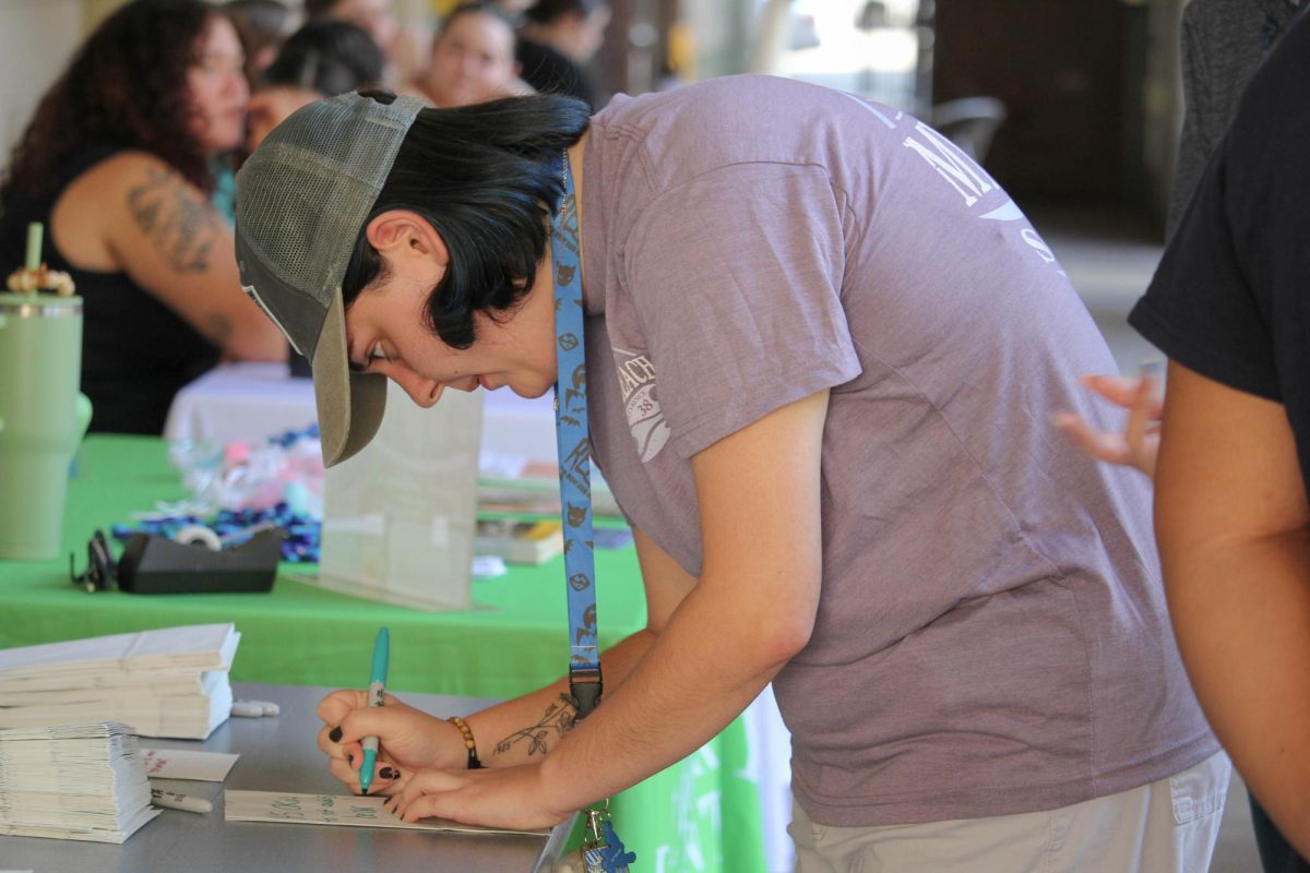 Aylah Hildebrand, a first-year criminal justice student, decorates a lantern in honor of suicide awareness. 