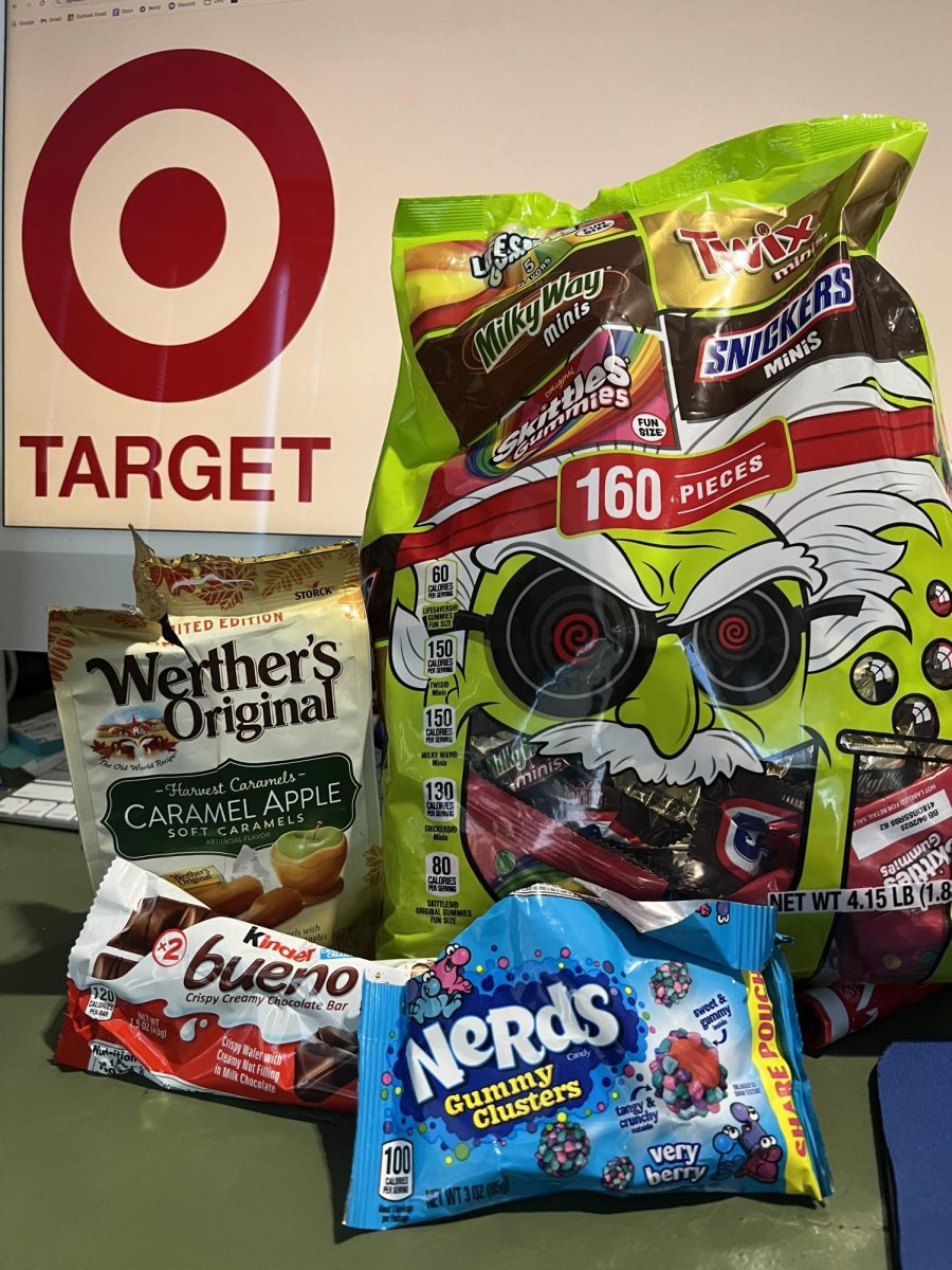 An assortment of bagged candies sit on a desk in the Globe office;