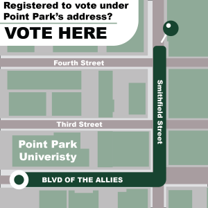 Directions to the Human Services building at 1 Smithfield St. where students can vote in person. 