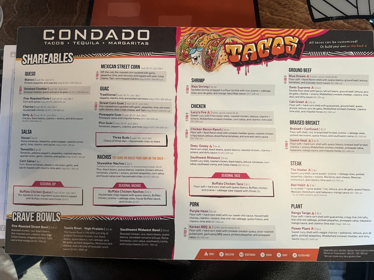 The menu for Condado’s Tacos taken on Sunday, where it serves custom tacos, tequila and margaritas. 