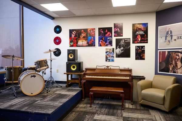 Various instruments and music memorabilia adorn Pioneer Records' Sound Vault.