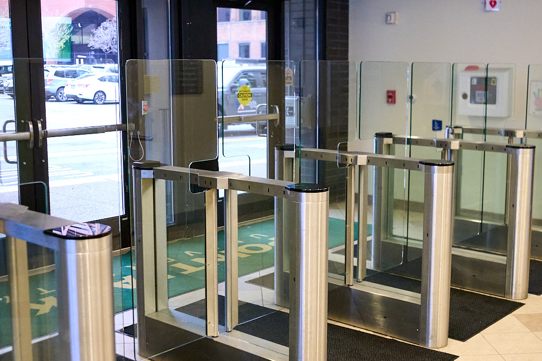 Turnstiles sit closed in the entrance of West Penn Hall. These along with the doors require an ID scan to open. 