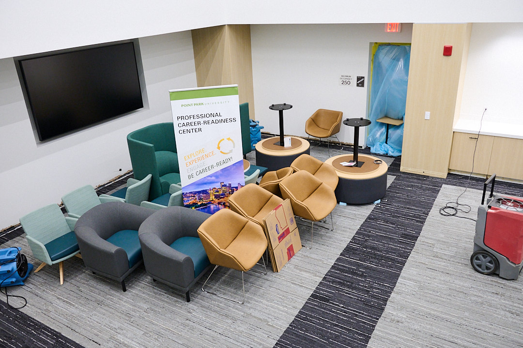 Assorted furniture within the Professional Career Readiness Center
moved to allow Physical Plant to remove excess water and dry the area.