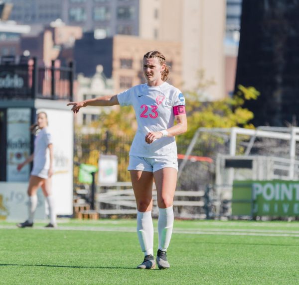 Junior Gillianne Stewardson defends the Charleston Golden Eagles at Highmark Stadium on October 20.