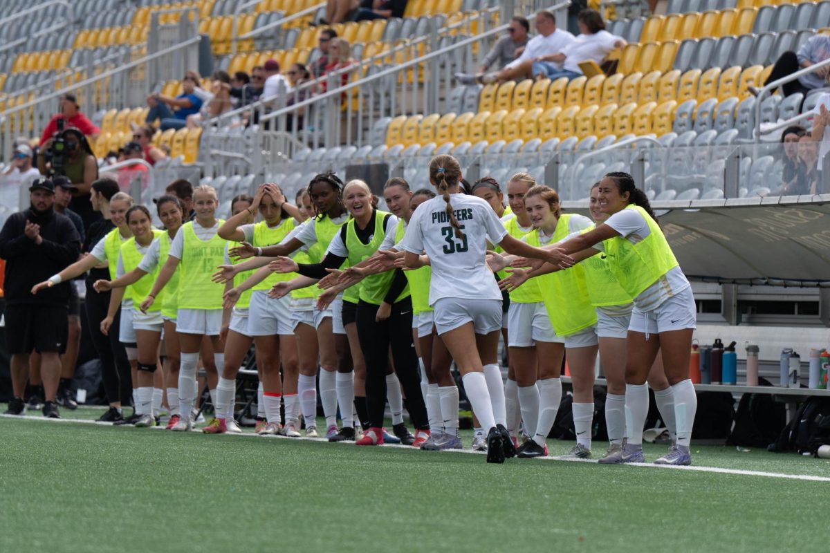 Rebecca Pihlgren celebrates her fifth goal of the season alongside her team on Saturday, Sept. 27. 