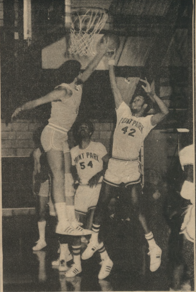 Melvin Paul (42) goes up for two of his team-high 30 points against Pitt-Johnstown. Photo taken Feb. 12, 1980.