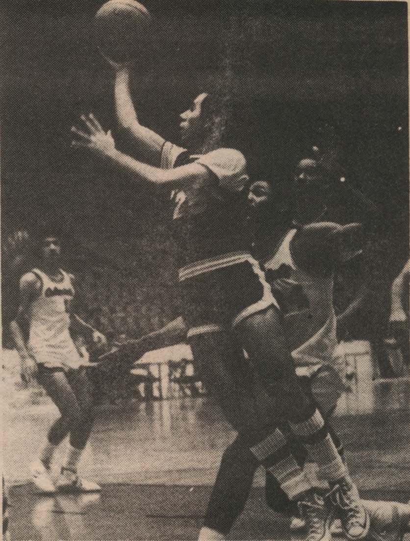Ben Urso moves in for a twisting drive against Robert Morris College at the Civic Arena. Photo taken Feb. 28, 1978.