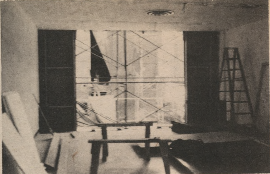 Construction continues on connecting Academic Hall and Lawrence Hall with a skybridge in this photo from 1969.
