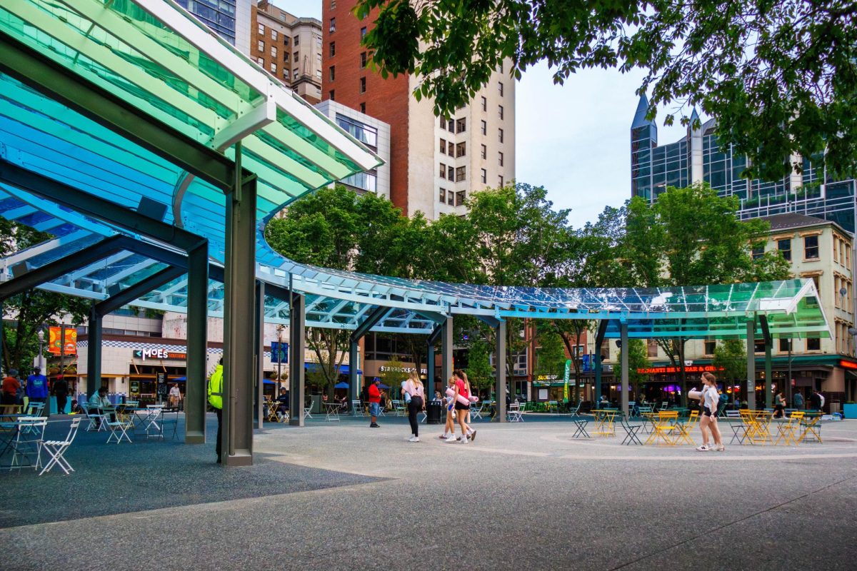Market Square’s new glass pavilion, built brand-new for Downtown’s NFL Draft upgrades, on Monday, April 27.